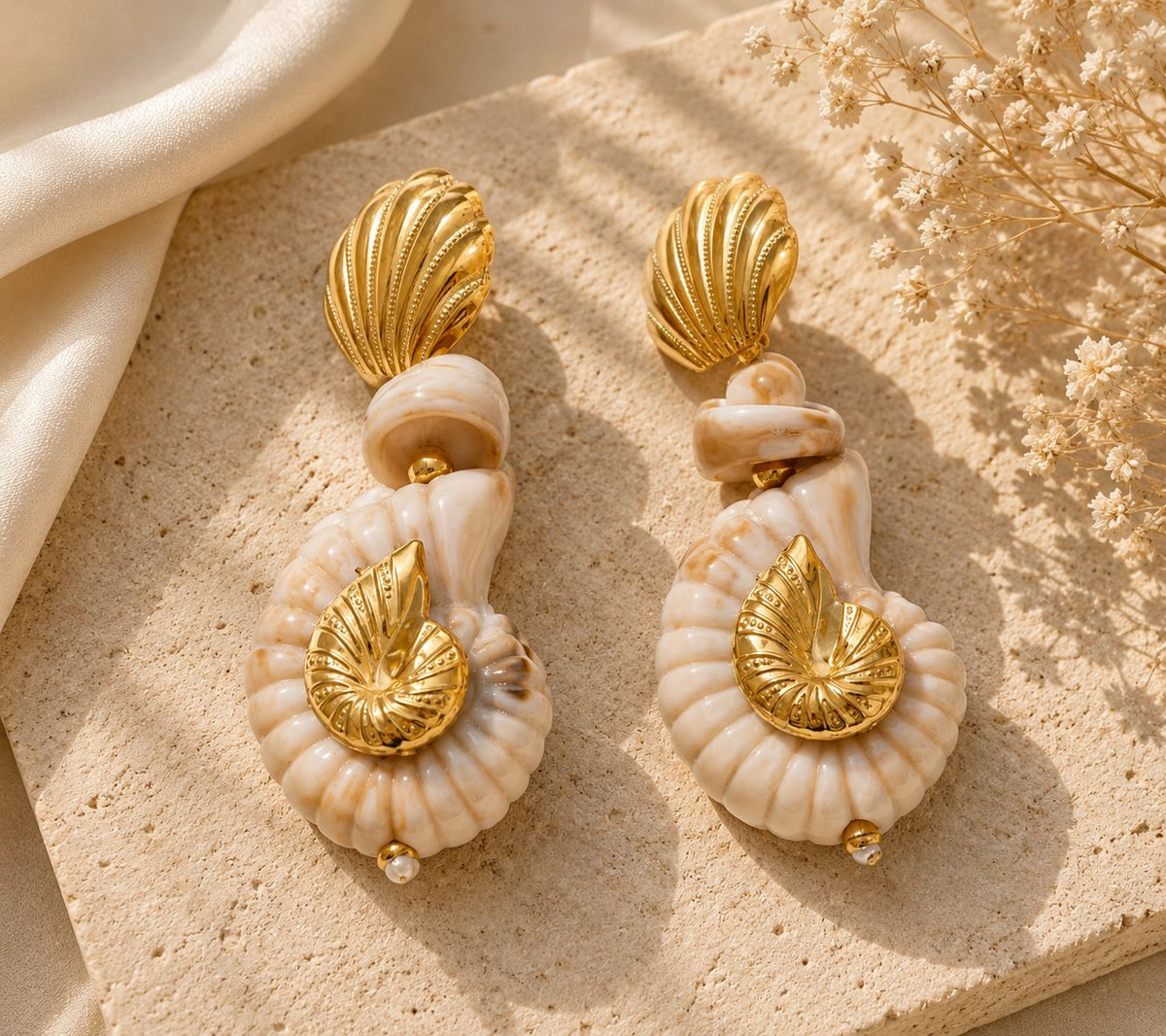 Large Ivory Seashell Earrings with Gold